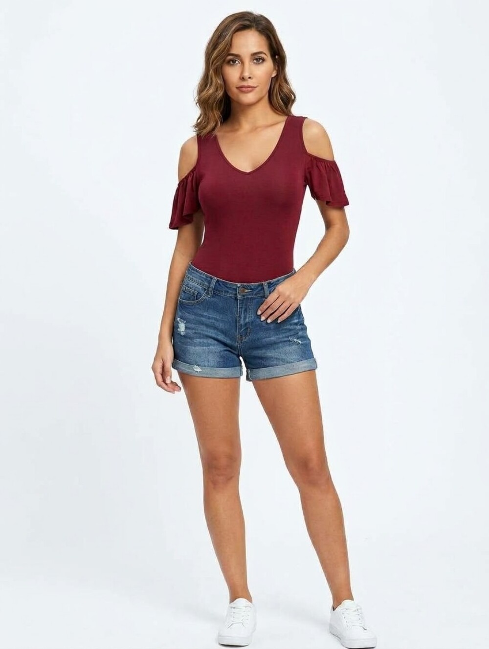 Cold Shoulder Flutter Sleeve Criss Cross Strappy Back Bodysuit Burgundy Maroon